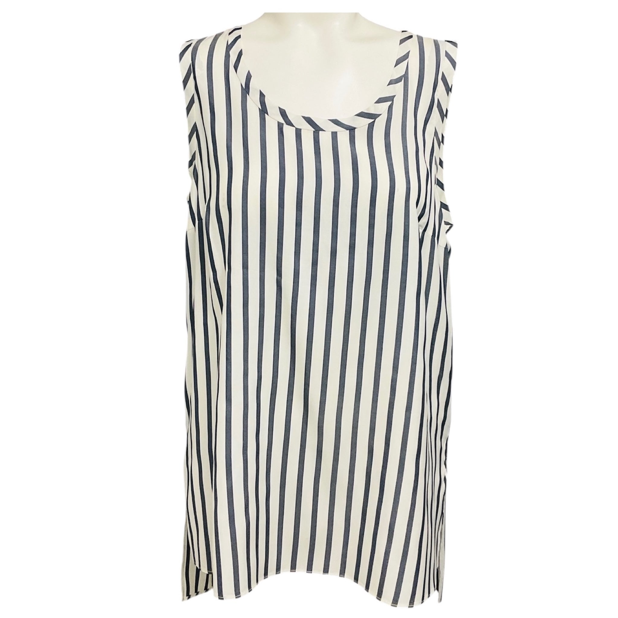 Brunello Cucinelli Ivory / Charcoal Grey Striped Sleeveless Silk Top with Monili