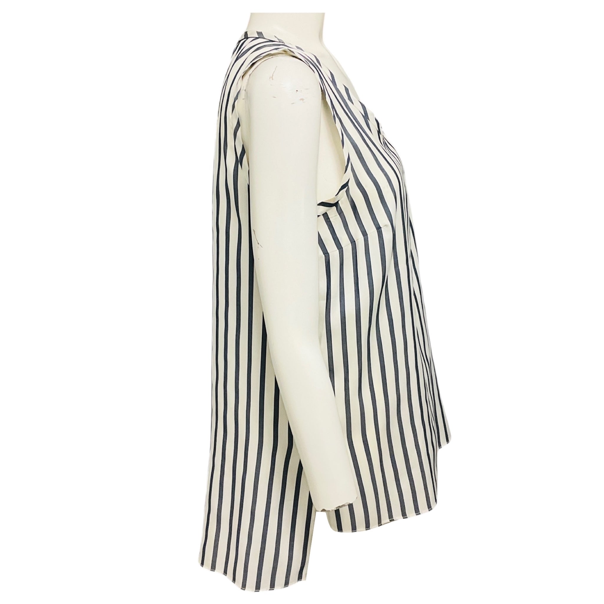 Brunello Cucinelli Ivory / Charcoal Grey Striped Sleeveless Silk Top with Monili