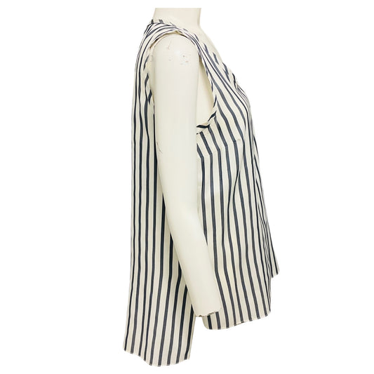 Brunello Cucinelli Ivory / Charcoal Grey Striped Sleeveless Silk Top with Monili