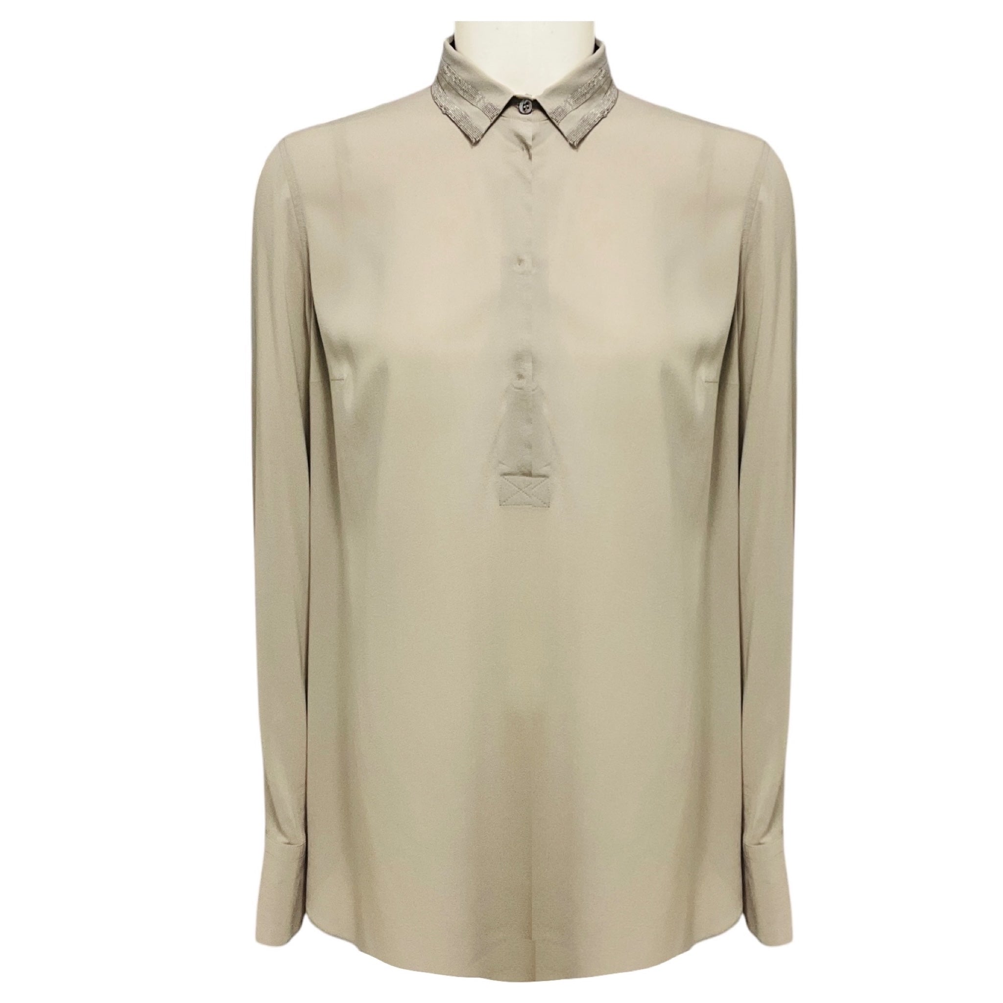 Brunello Cucinelli Taupe Grey / Silver Monili Bead Embellished Silk Chiffon Blouse