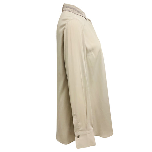Brunello Cucinelli Taupe Grey / Silver Monili Bead Embellished Silk Chiffon Blouse