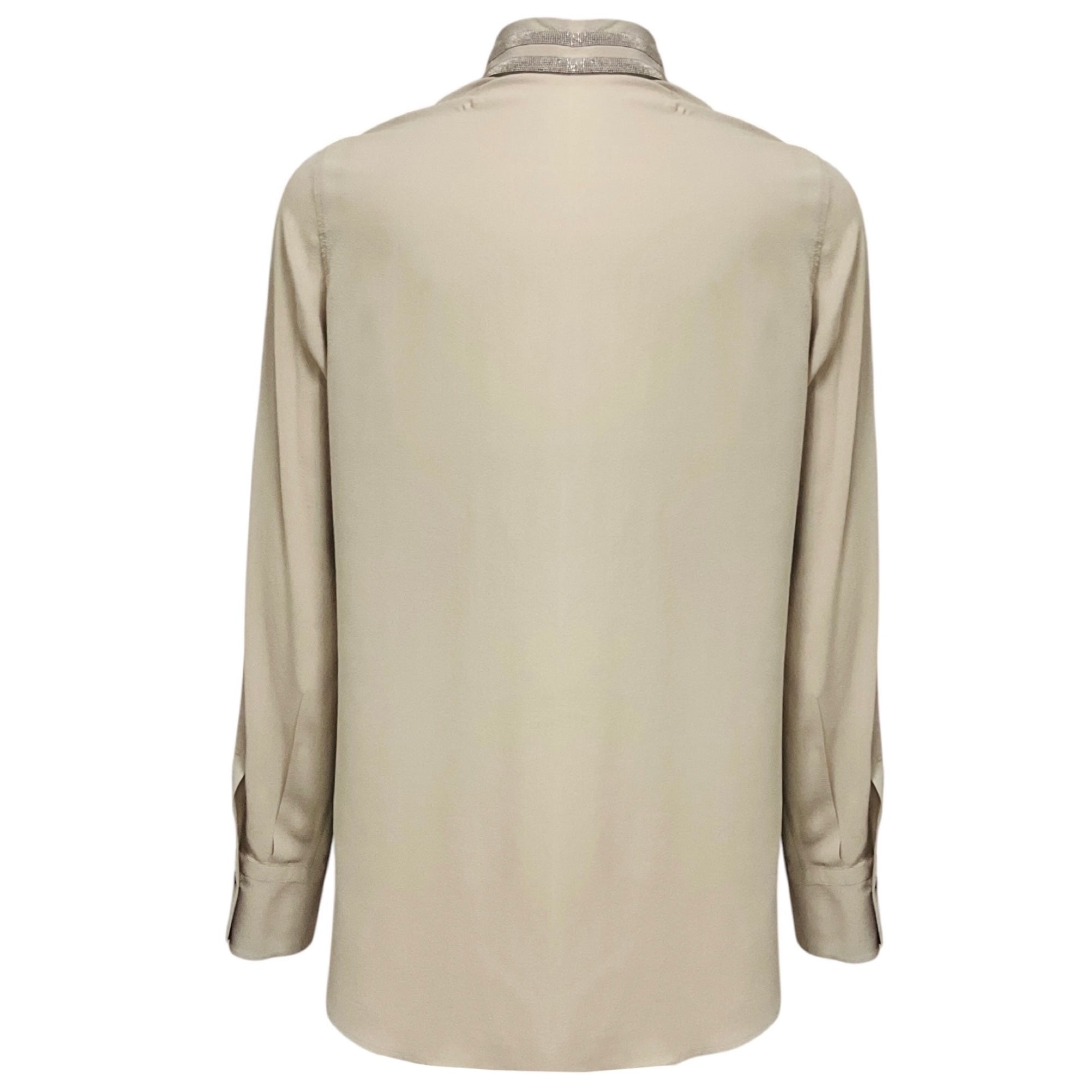 Brunello Cucinelli Taupe Grey / Silver Monili Bead Embellished Silk Chiffon Blouse