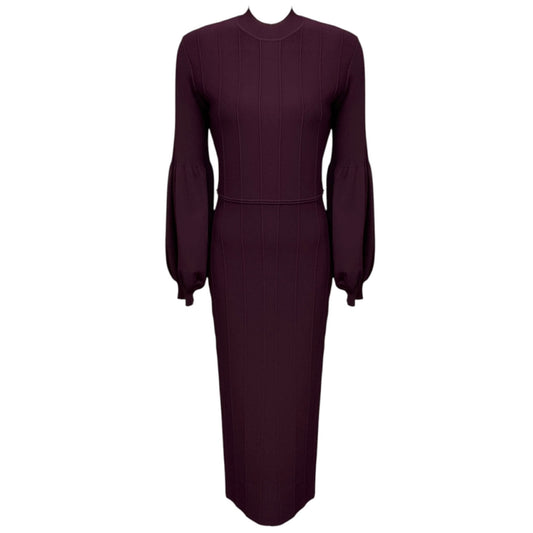 Lela Rose Burgundy Long Sleeved Fitted Knit Midi Dress