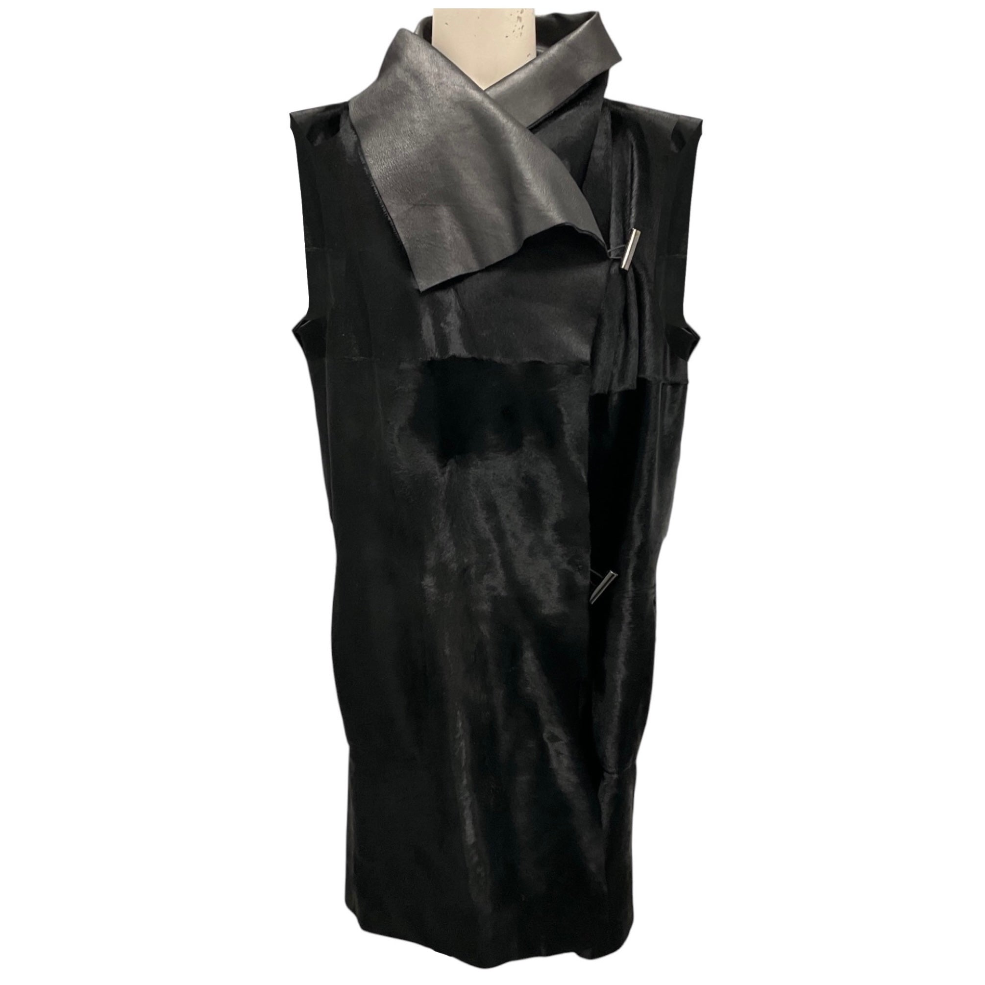 Lafayette 148 New York Black Reversible Calf Hair and Leather Toggle Vest