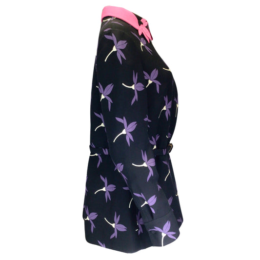 Valentino Black / Pink / Purple Multi 2021 Floral Printed Belted Wool Crepe Top
