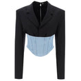 Load image into Gallery viewer, Dion Lee Black / Cyan Wool and Denim Float Corset Blazer
