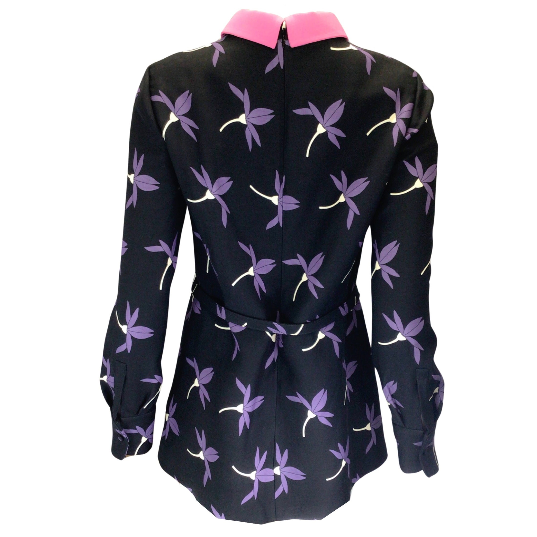 Valentino Black / Pink / Purple Multi 2021 Floral Printed Belted Wool Crepe Top