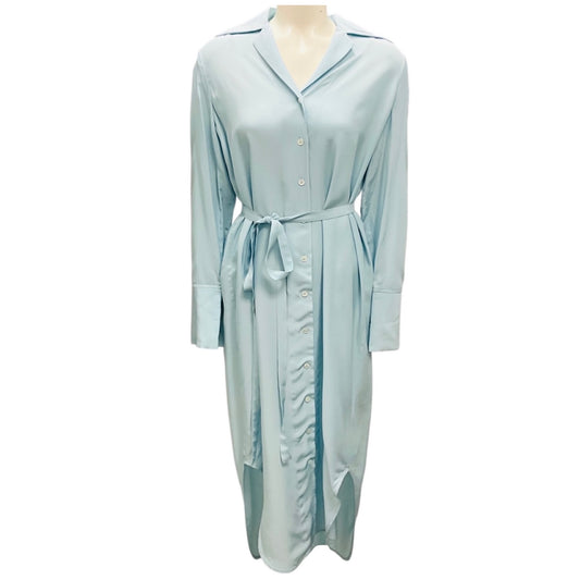 Co Light Blue Button Front Notch Collar Shirt Dress with Tie