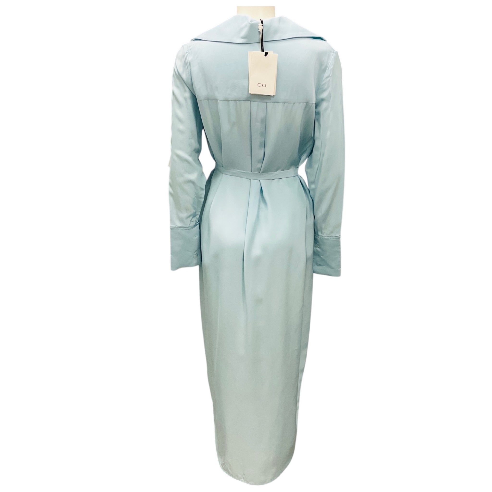 Co Light Blue Button Front Notch Collar Shirt Dress with Tie