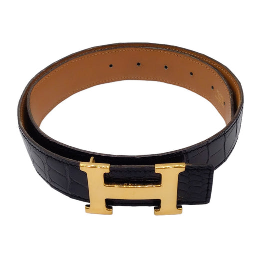 Hermes Vintage 1996 Black / Gold H Patent Alligator Skin Leather Belt