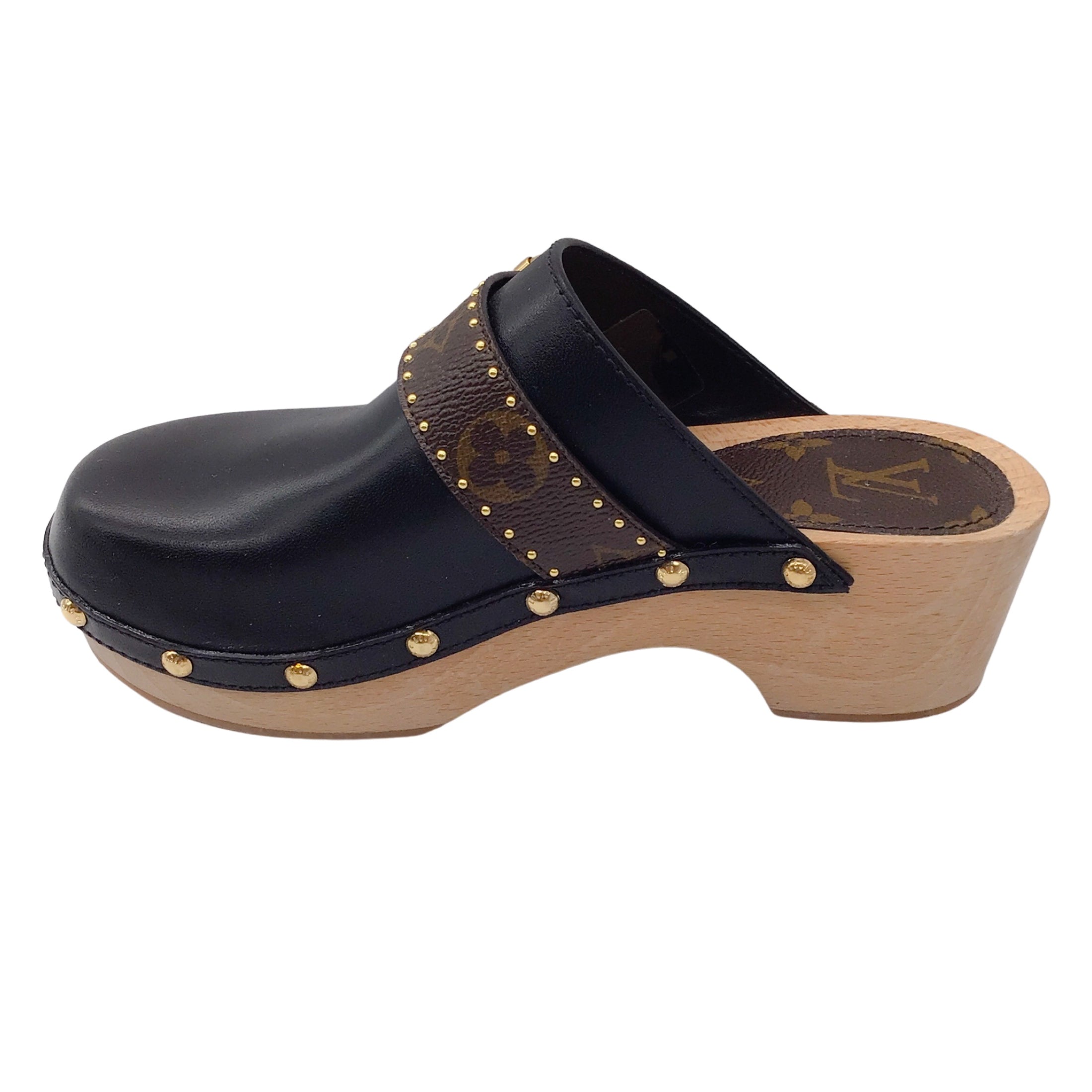Louis Vuitton Black / Brown Monogram Coated Canvas and Leather Cottage Clog Mules