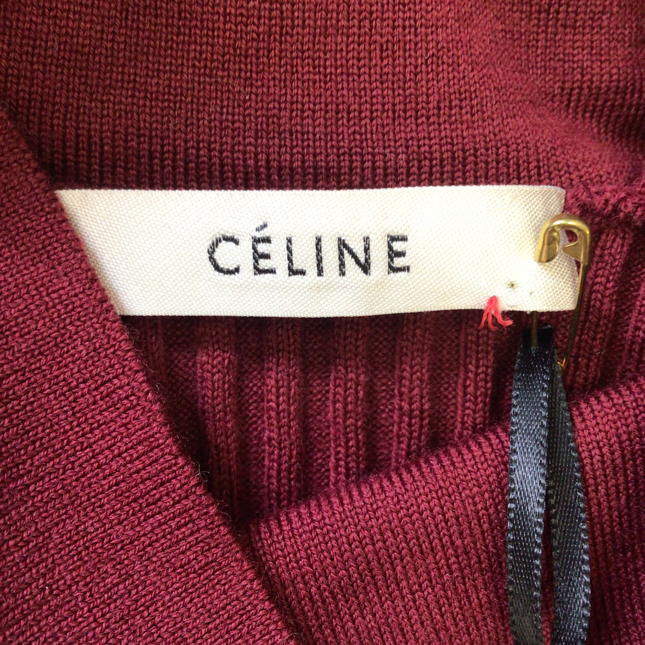 Celine Burgundy Long Sleeved Ribbed Knit Wool Sweater