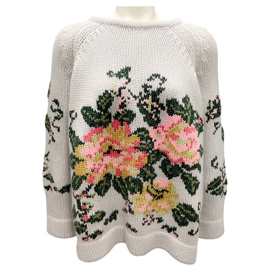 Lamberto Losani Light Grey Multi Floral Cashmere Knit Pullover Sweater