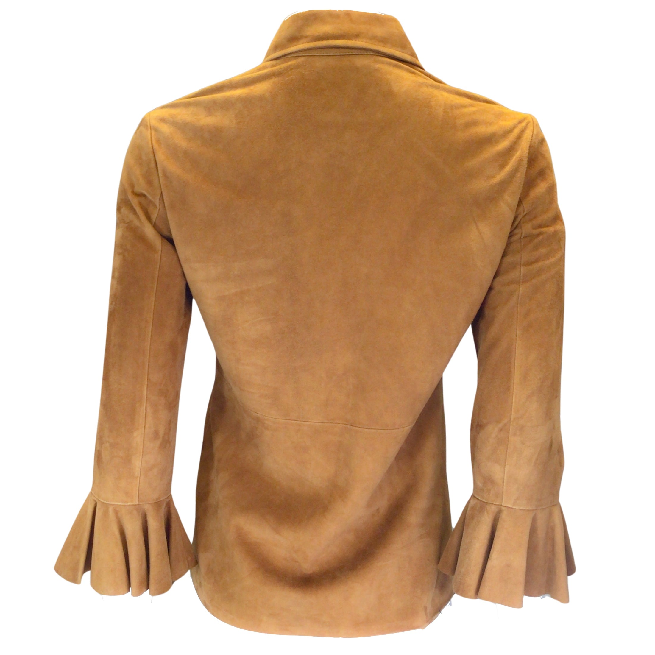 Celine Tan Vintage Ruffled Cuff Button-Front Goatskin Suede Leather Jacket