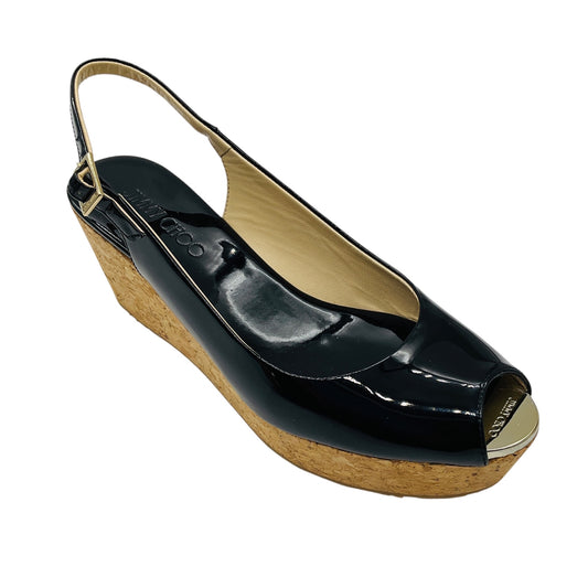 Jimmy Choo Black Patent Leather Cork Platform Wedge Sandals