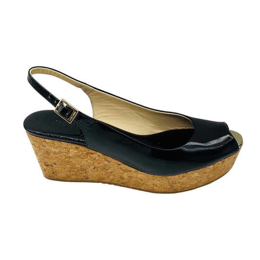 Jimmy Choo Black Patent Leather Cork Platform Wedge Sandals