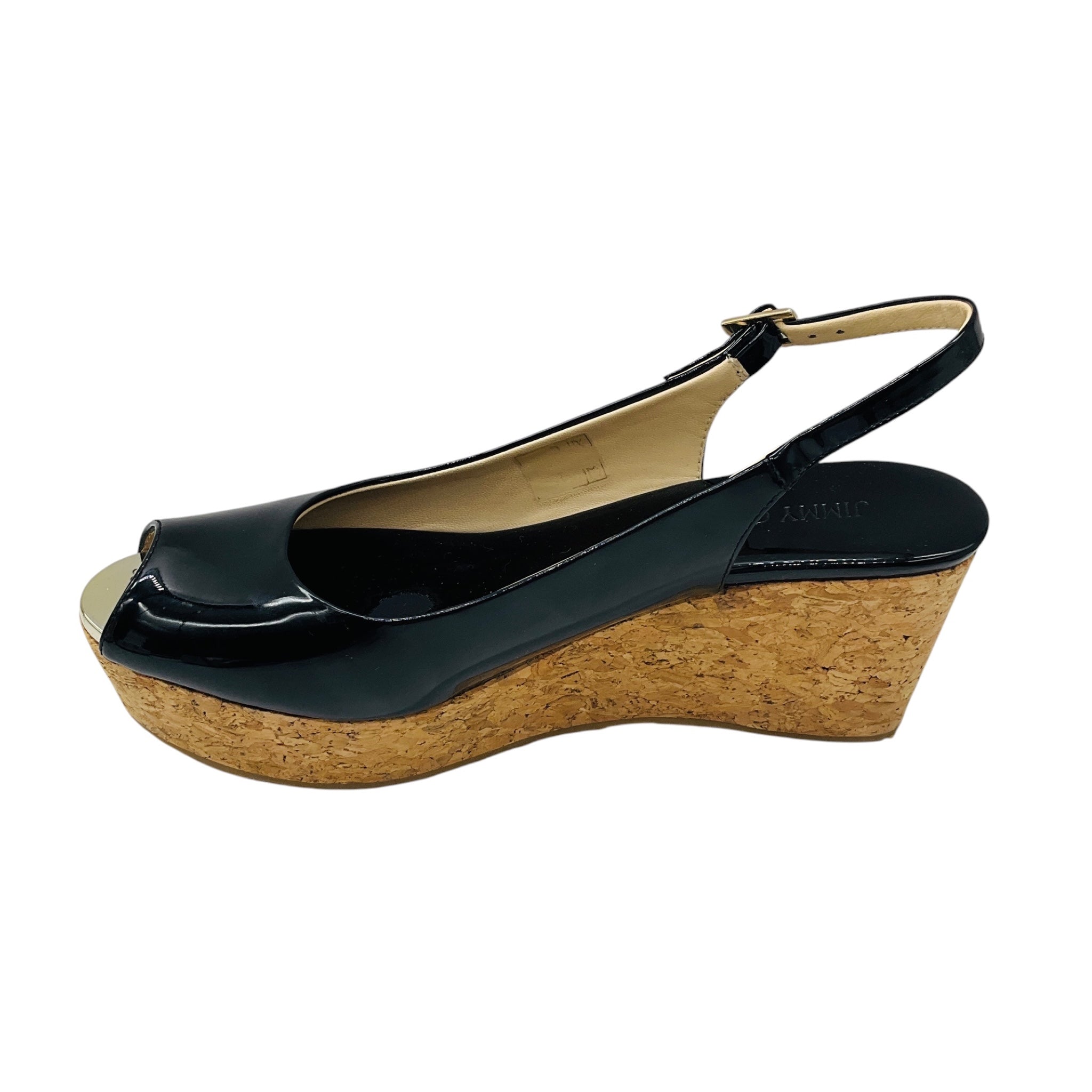 Jimmy Choo Black Patent Leather Cork Platform Wedge Sandals