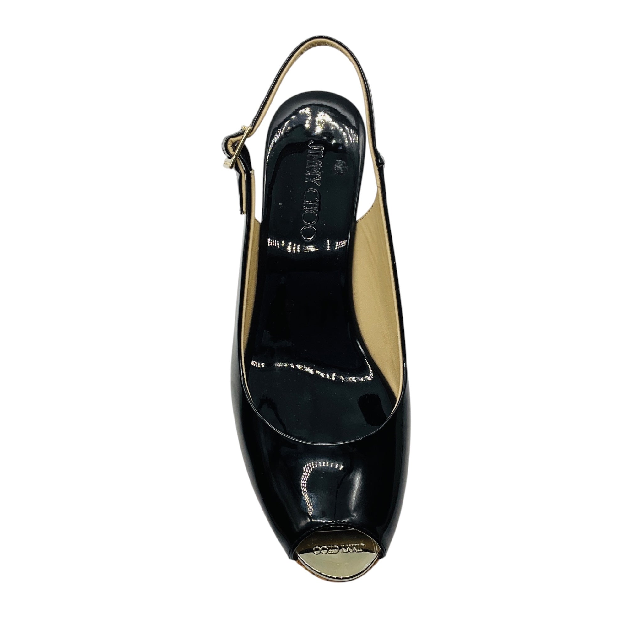 Jimmy Choo Black Patent Leather Cork Platform Wedge Sandals