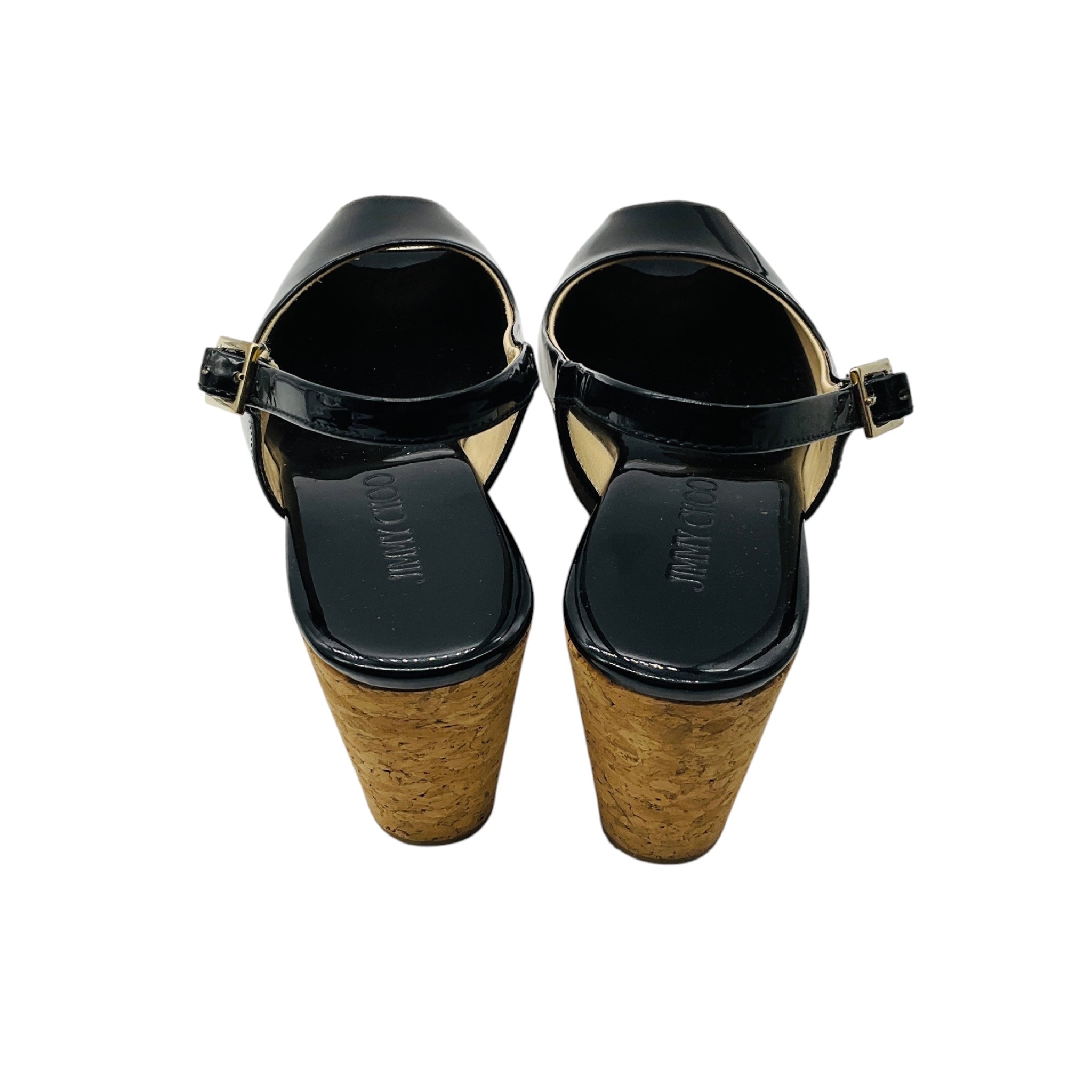 Jimmy Choo Black Patent Leather Cork Platform Wedge Sandals