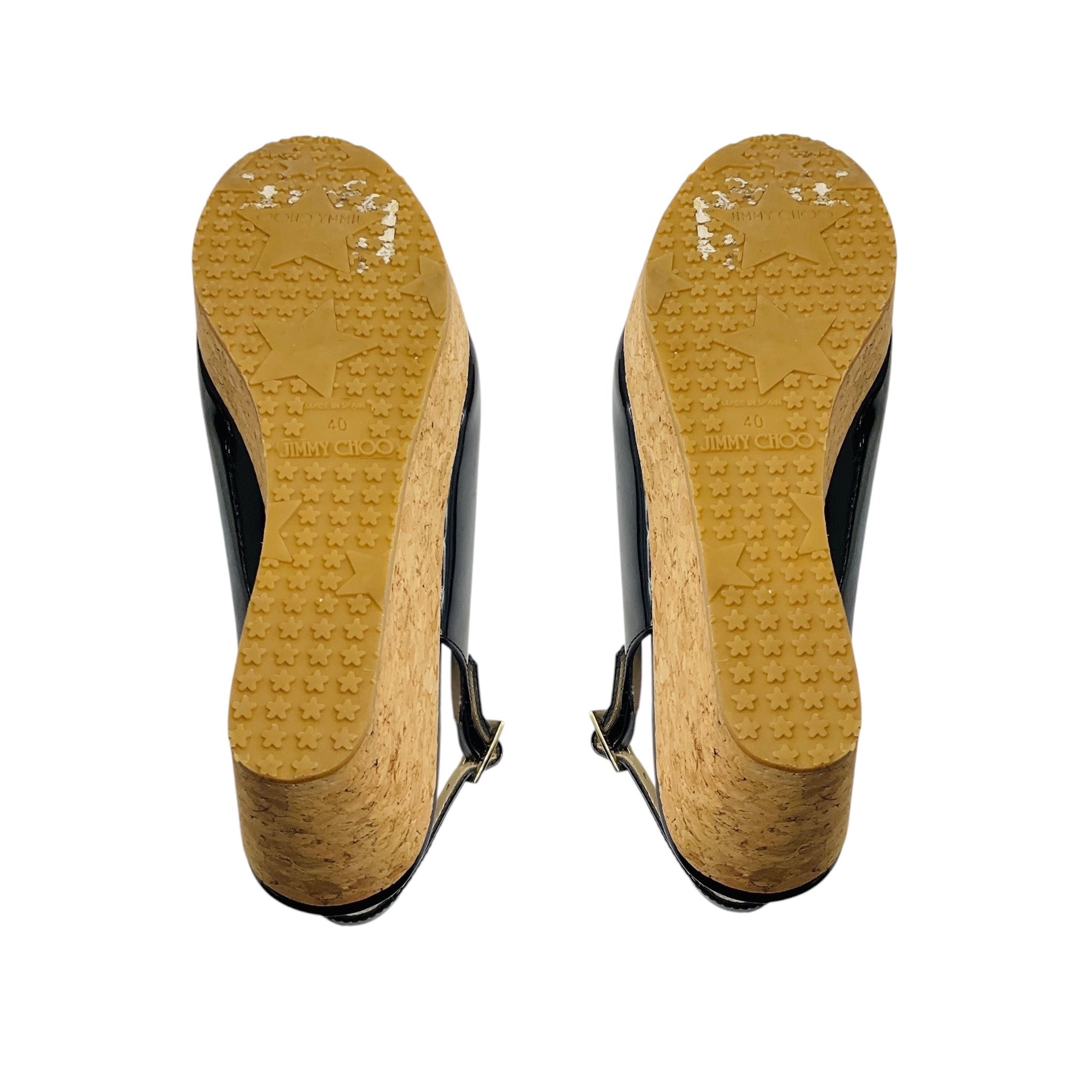 Jimmy Choo Black Patent Leather Cork Platform Wedge Sandals