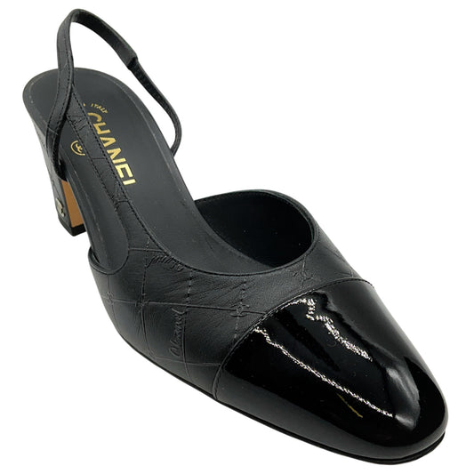 Chanel Black Printed Leather Slingback Pumps with Patent Cap Toe
