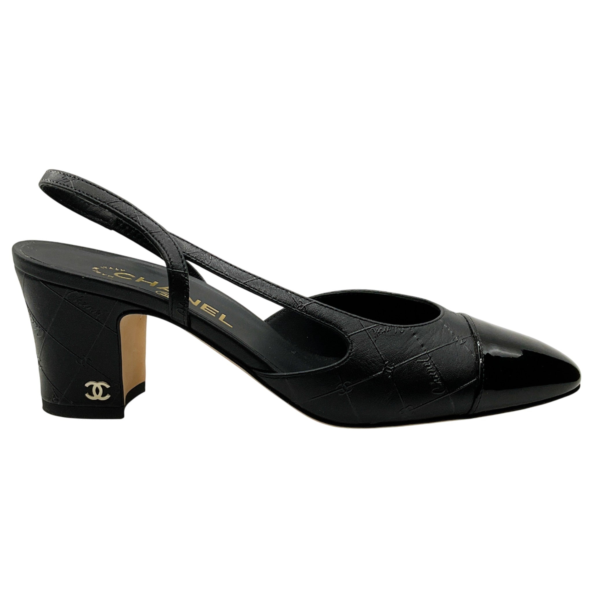 Chanel Black Printed Leather Slingback Pumps with Patent Cap Toe