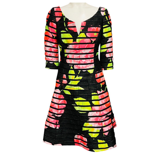 Lee Anderson Couture Black / Pink / Green Multi Floral Printed Striped Cocktail Dress