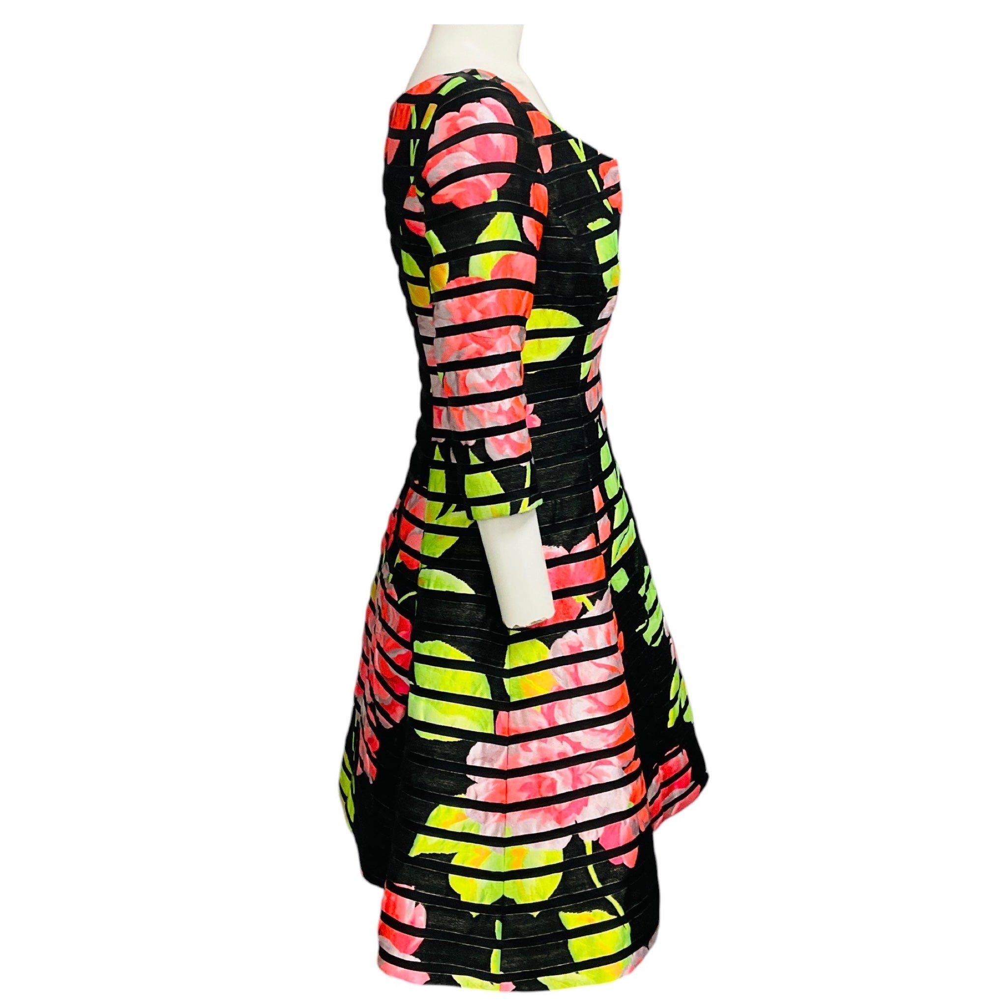 Lee Anderson Couture Black / Pink / Green Multi Floral Printed Striped Cocktail Dress