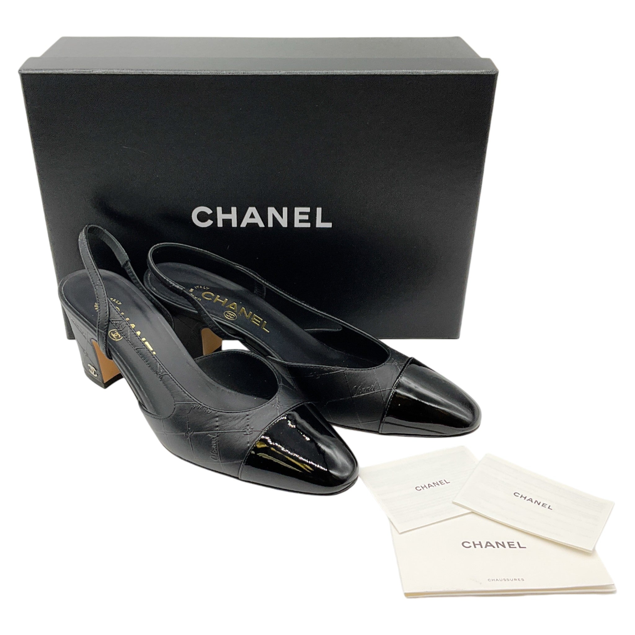 Chanel Black Printed Leather Slingback Pumps with Patent Cap Toe