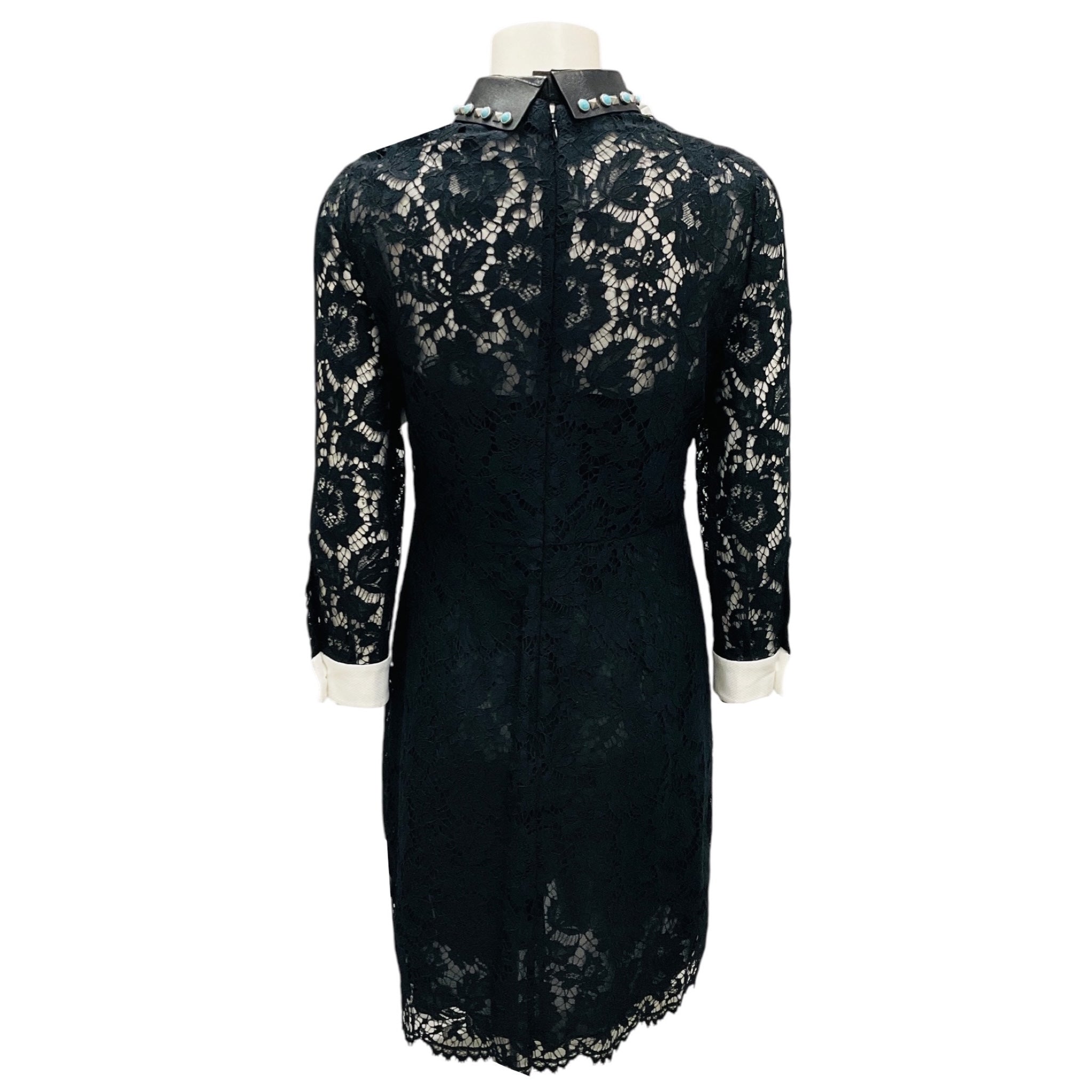Valentino Black Long Sleeved Lace Dress with Rockstud and Turquoise Stone Embellished Leather Collar