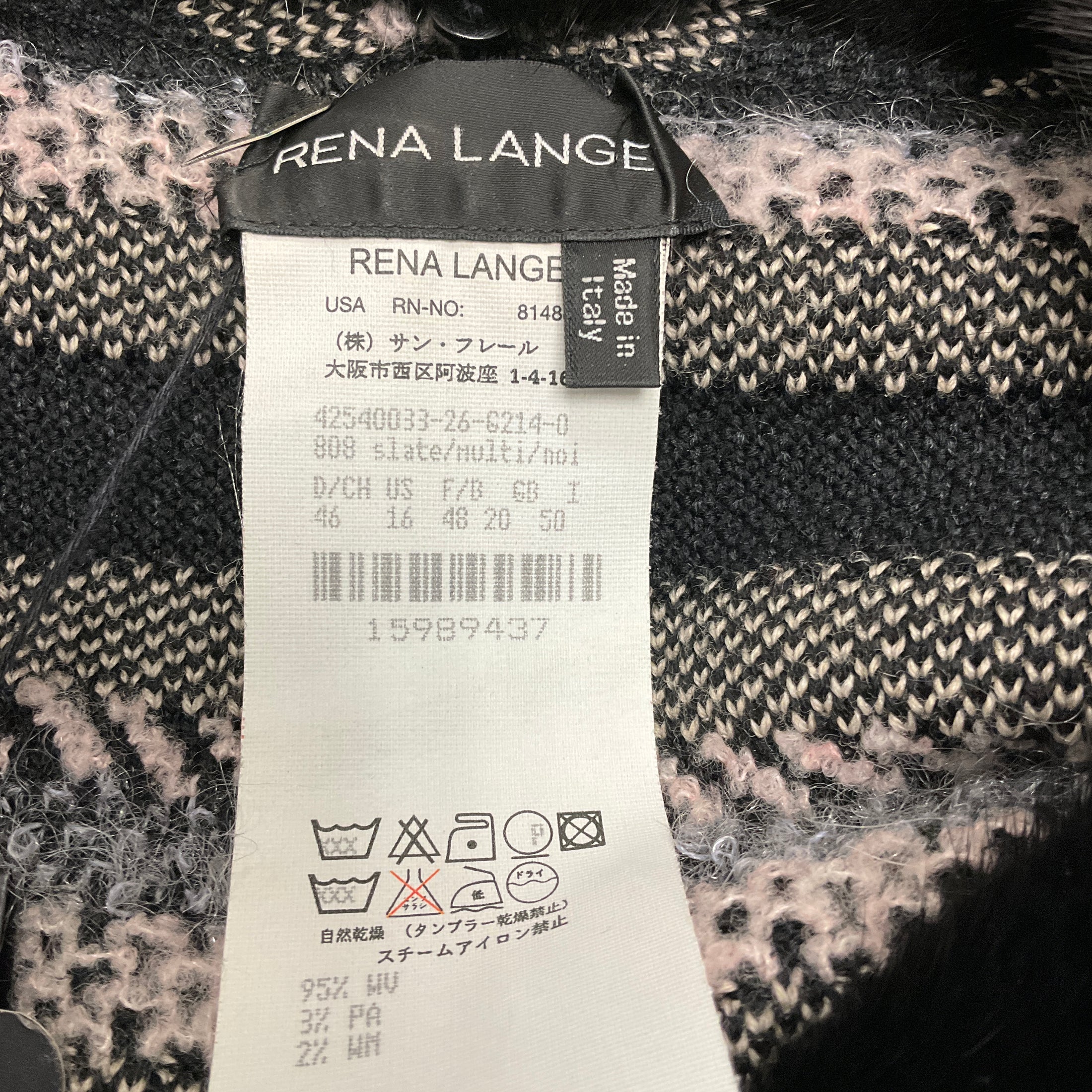 Rena Lange Slate / Black Multi Mink Fur Trimmed Wool Knit Cardigan Sweater