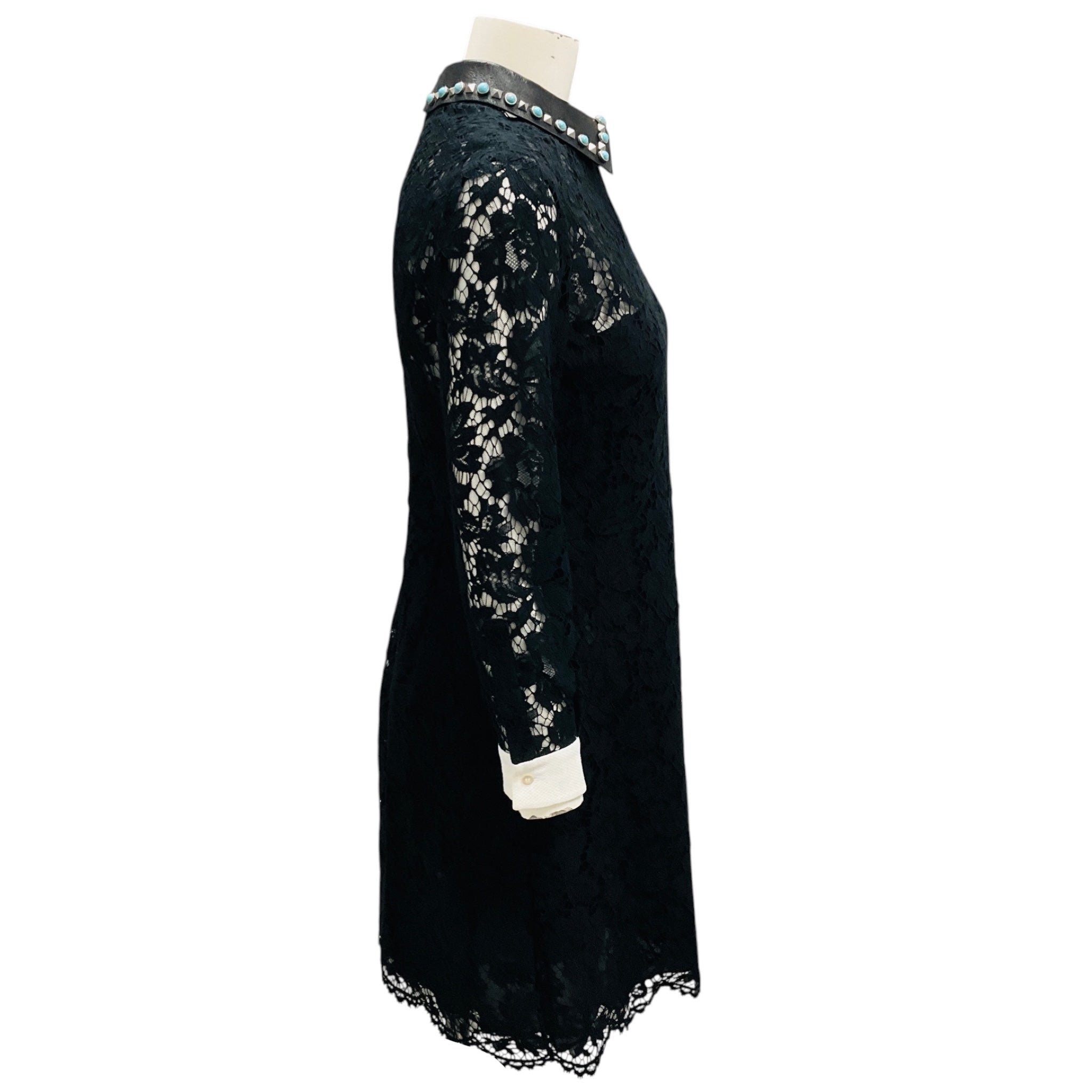 Valentino Black Long Sleeved Lace Dress with Rockstud and Turquoise Stone Embellished Leather Collar