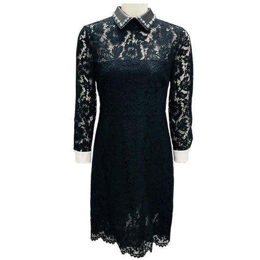 Valentino Black Long Sleeved Lace Dress with Rockstud and Turquoise Stone Embellished Leather Collar
