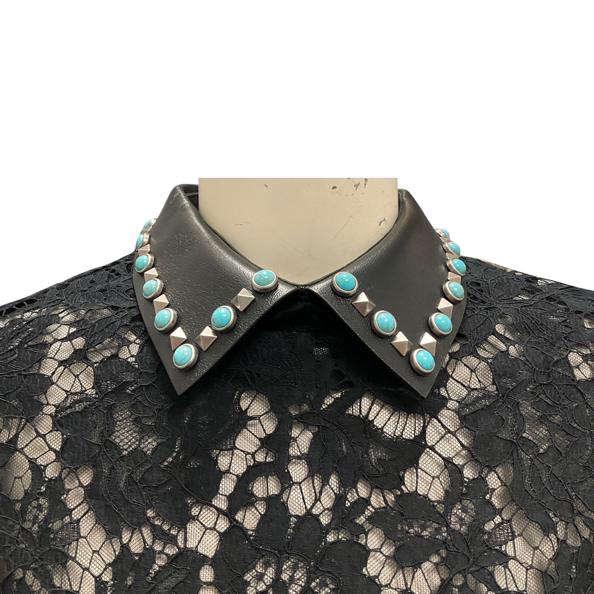 Valentino Black Long Sleeved Lace Dress with Rockstud and Turquoise Stone Embellished Leather Collar