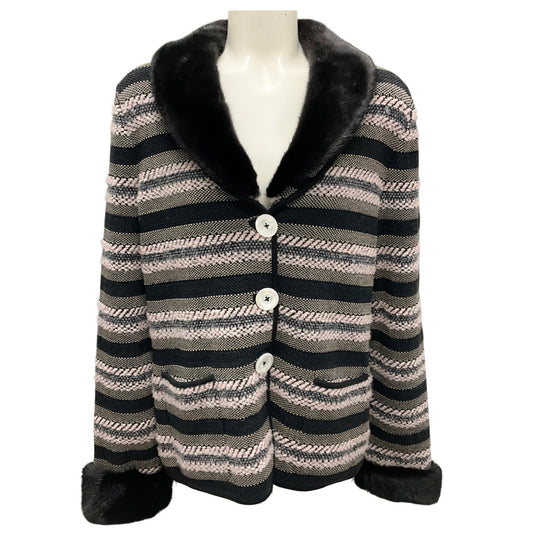 Rena Lange Slate / Black Multi Mink Fur Trimmed Wool Knit Cardigan Sweater