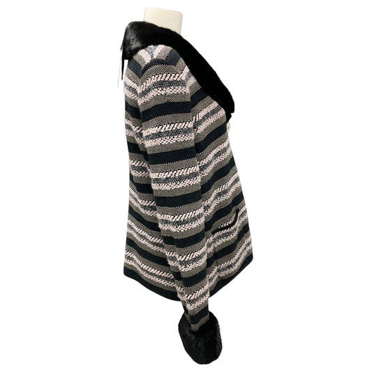 Rena Lange Slate / Black Multi Mink Fur Trimmed Wool Knit Cardigan Sweater