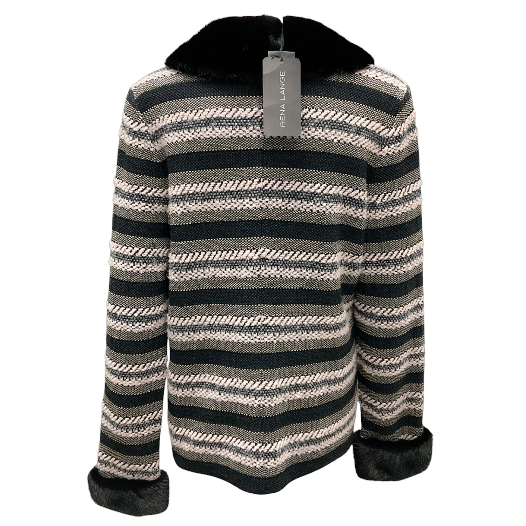Rena Lange Slate / Black Multi Mink Fur Trimmed Wool Knit Cardigan Sweater