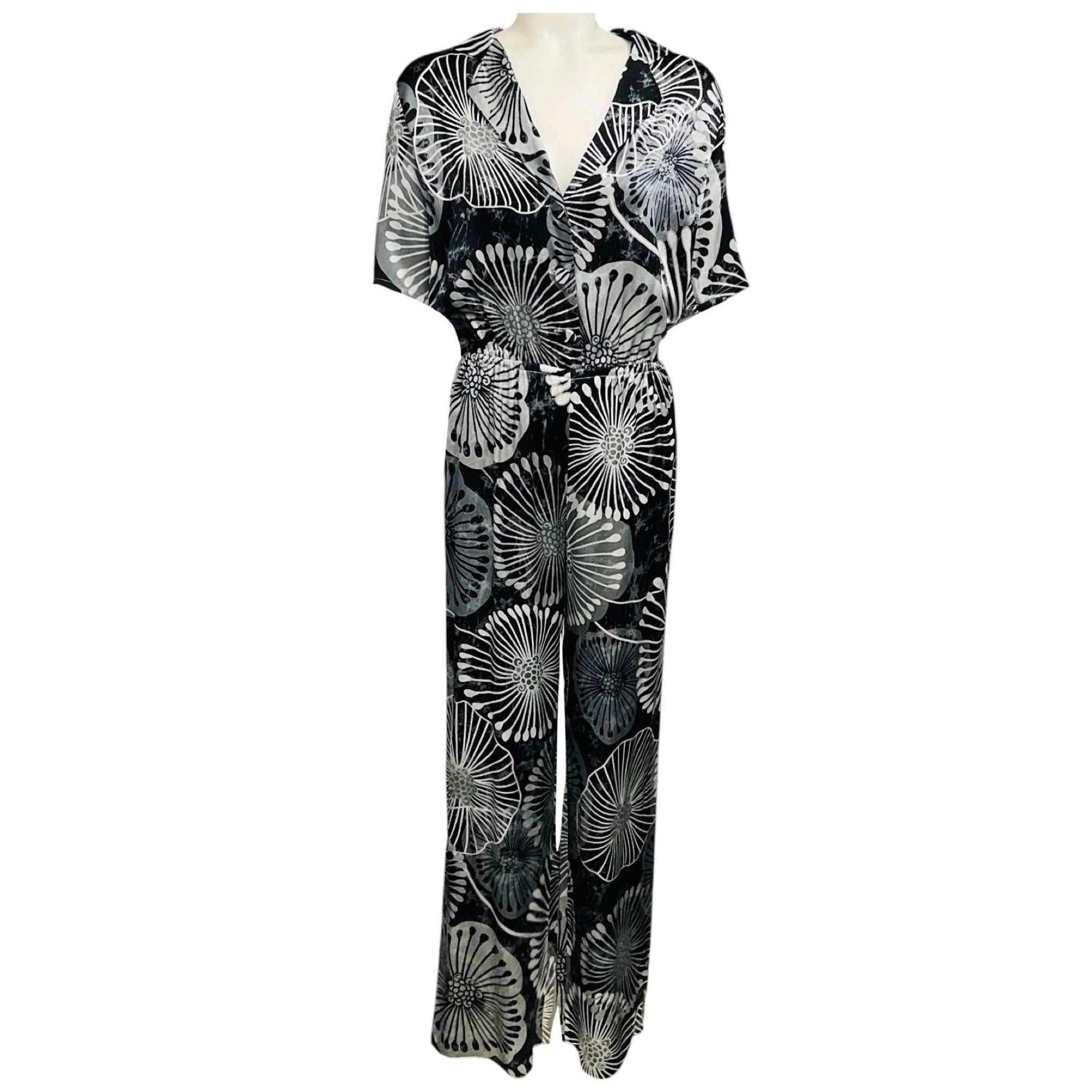 Marie France Van Damme Black / Silver Metallic Printed Silk Satin Jumpsuit