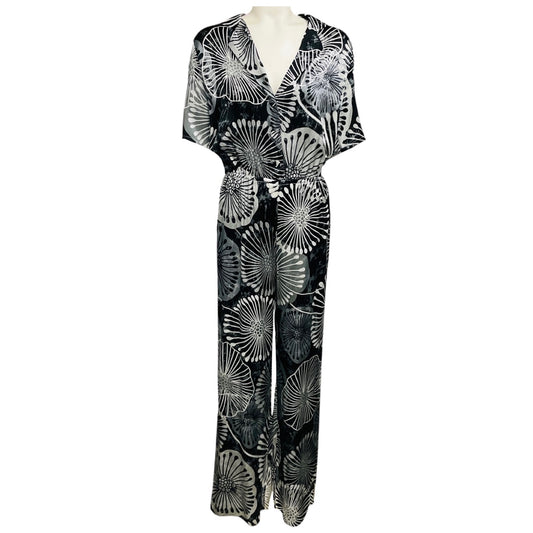 Marie France Van Damme Black / Silver Metallic Printed Silk Satin Jumpsuit