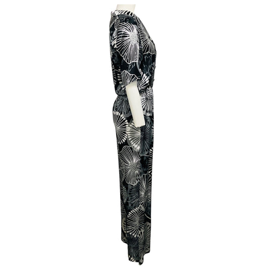Marie France Van Damme Black / Silver Metallic Printed Silk Satin Jumpsuit