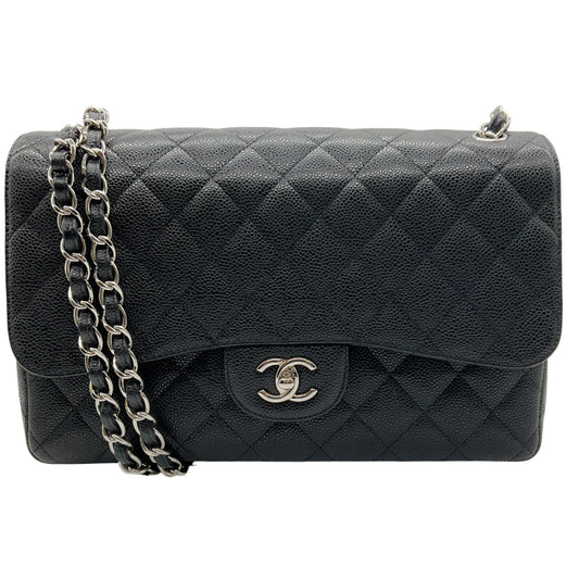 Chanel 2013 Black Caviar Leather Double Flap Shoulder Bag
