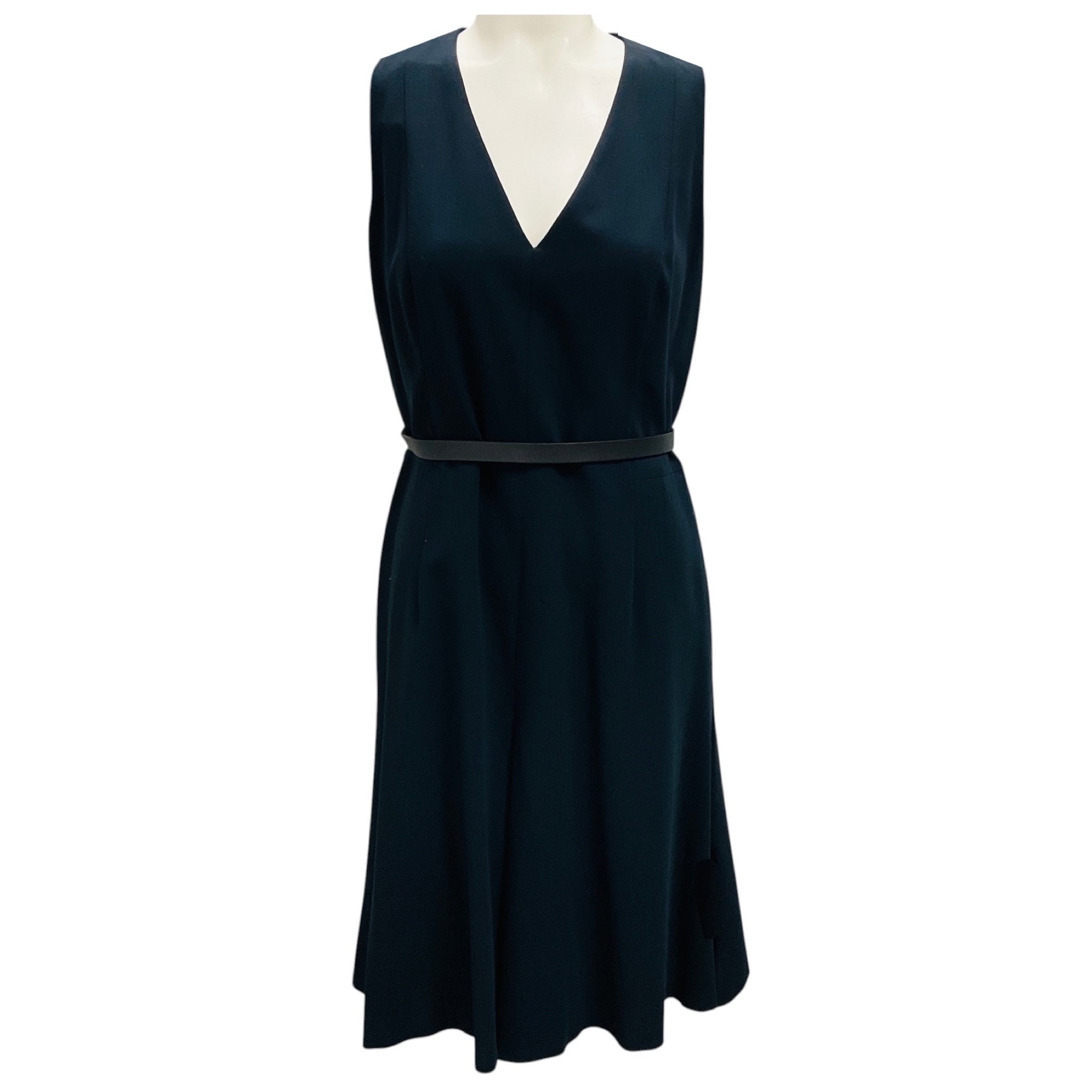 Akris Punto Marine Blue Sleeveless Flared Midi Dress with Leather Belt