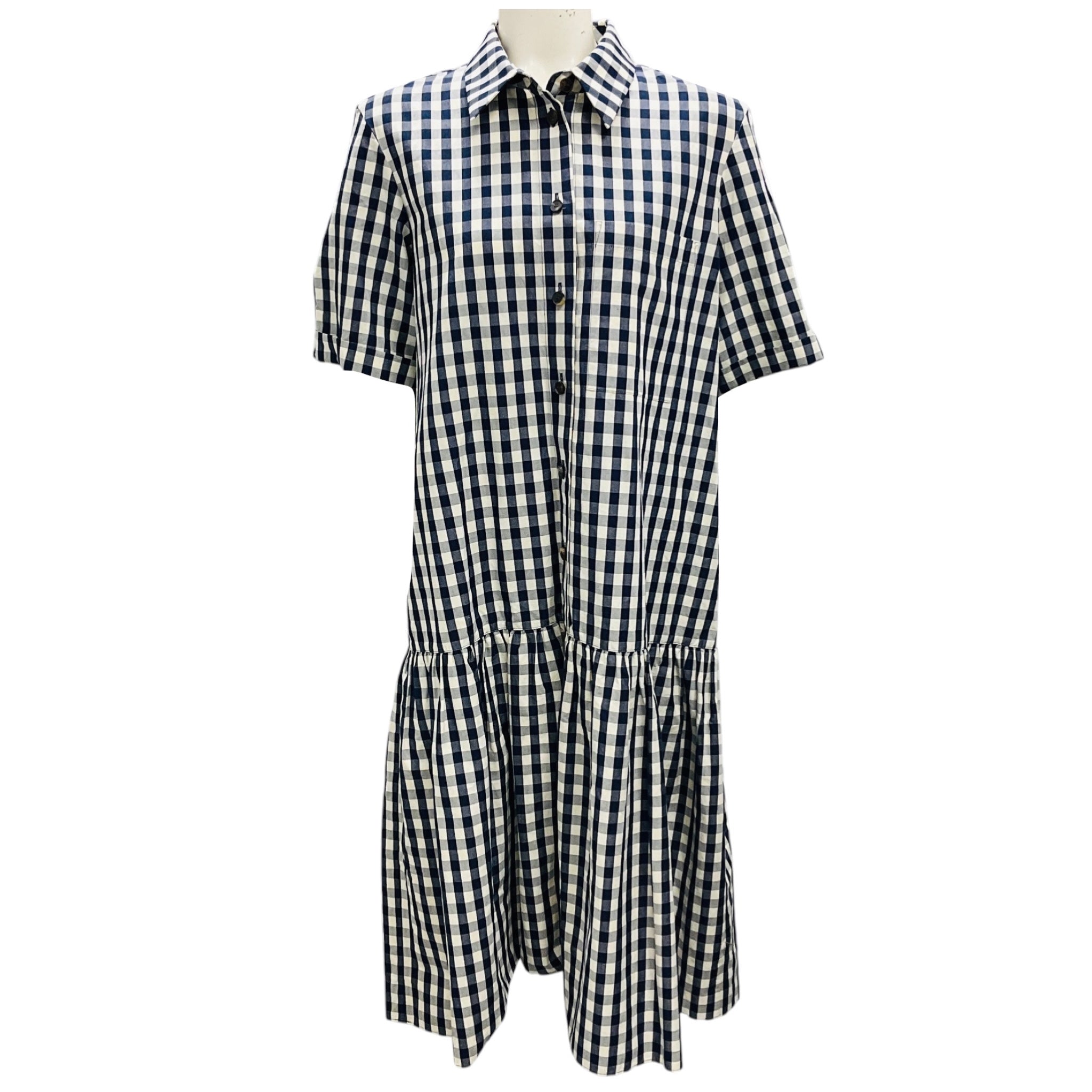 Lafayette 148 New York Navy Blue / White Gingham Check Button Front Midi Dress