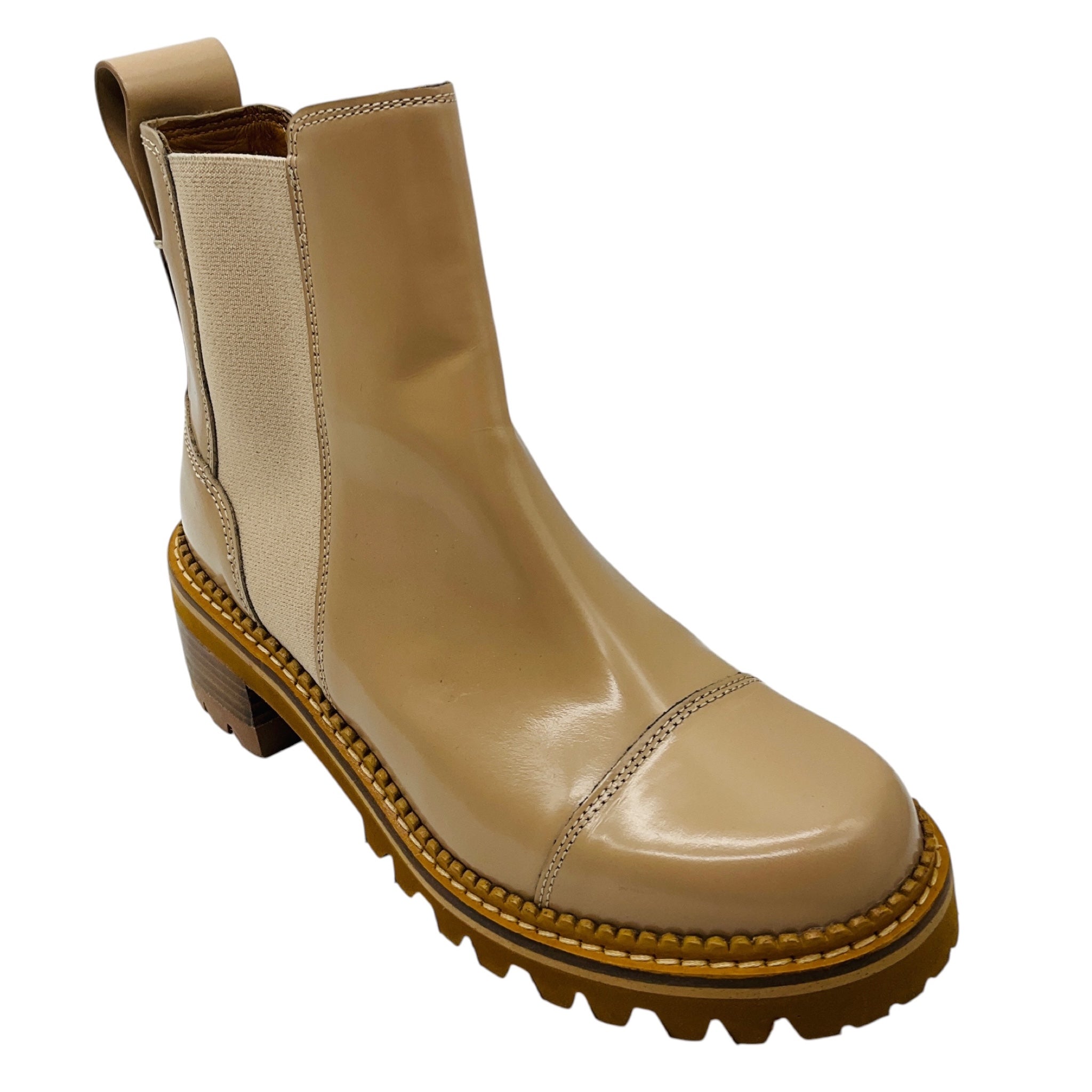 See by Chloe Beige Polished Leather Cap Toe Pull On Ankle Boots
