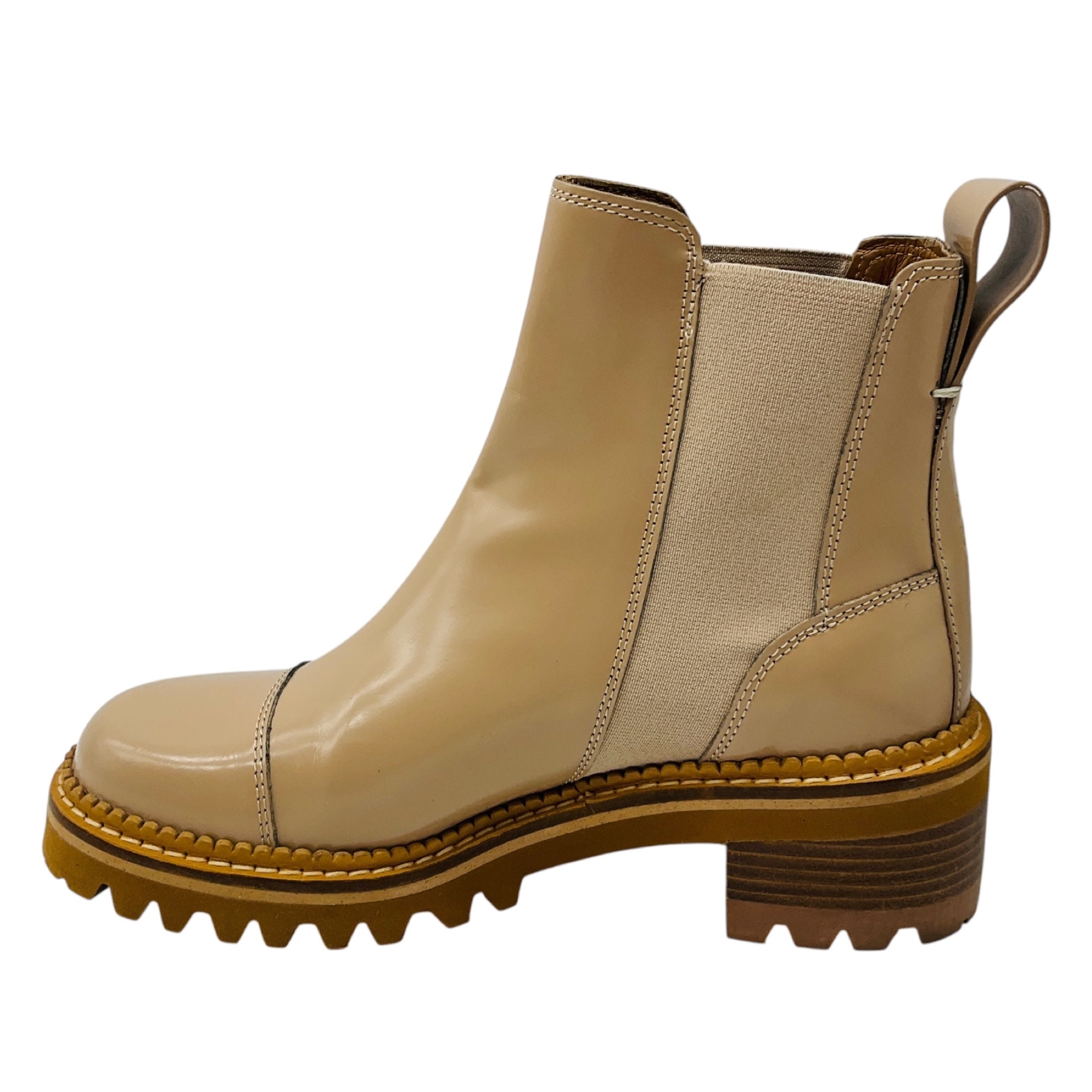 See by Chloe Beige Polished Leather Cap Toe Pull On Ankle Boots