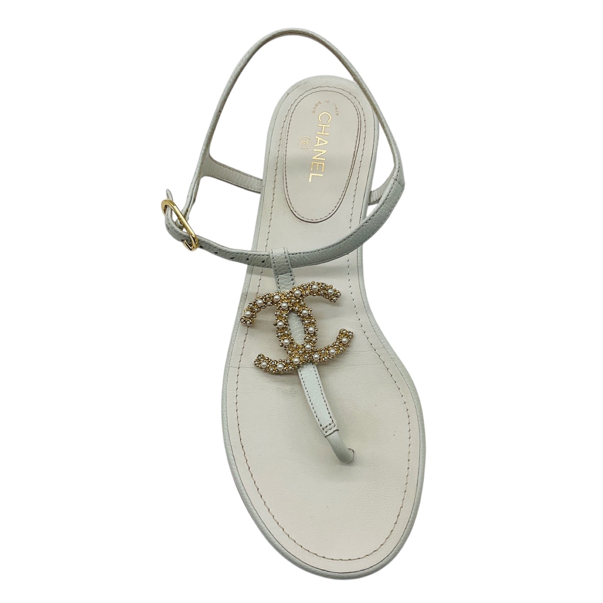 Chanel White Pearl Embellished Interlocking CC Logo Leather Ankle Strap Flat Thong Sandals