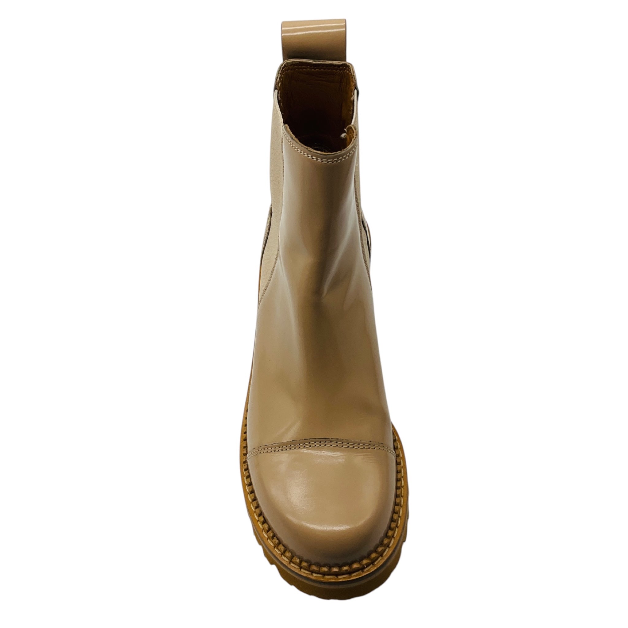 See by Chloe Beige Polished Leather Cap Toe Pull On Ankle Boots