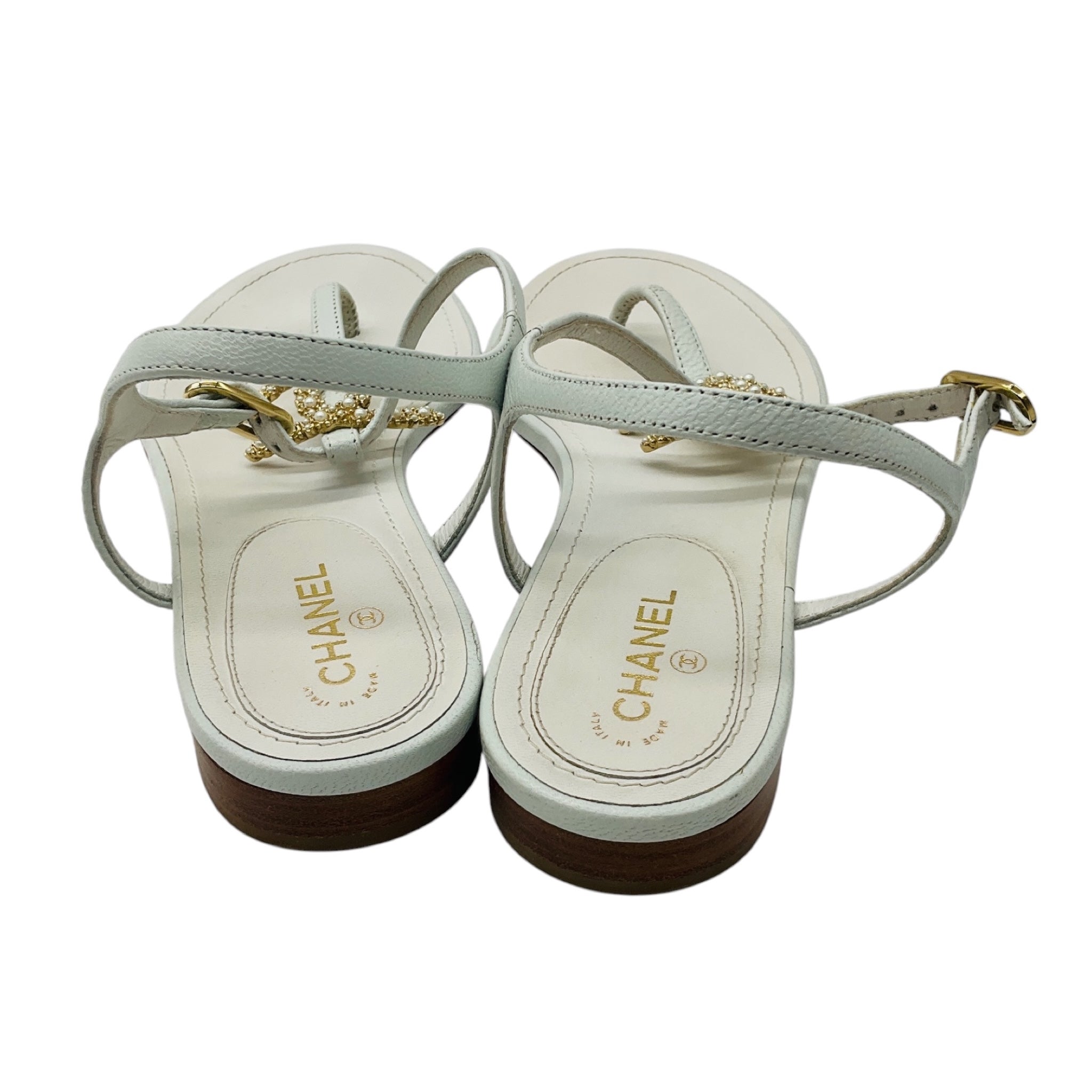 Chanel White Pearl Embellished Interlocking CC Logo Leather Ankle Strap Flat Thong Sandals