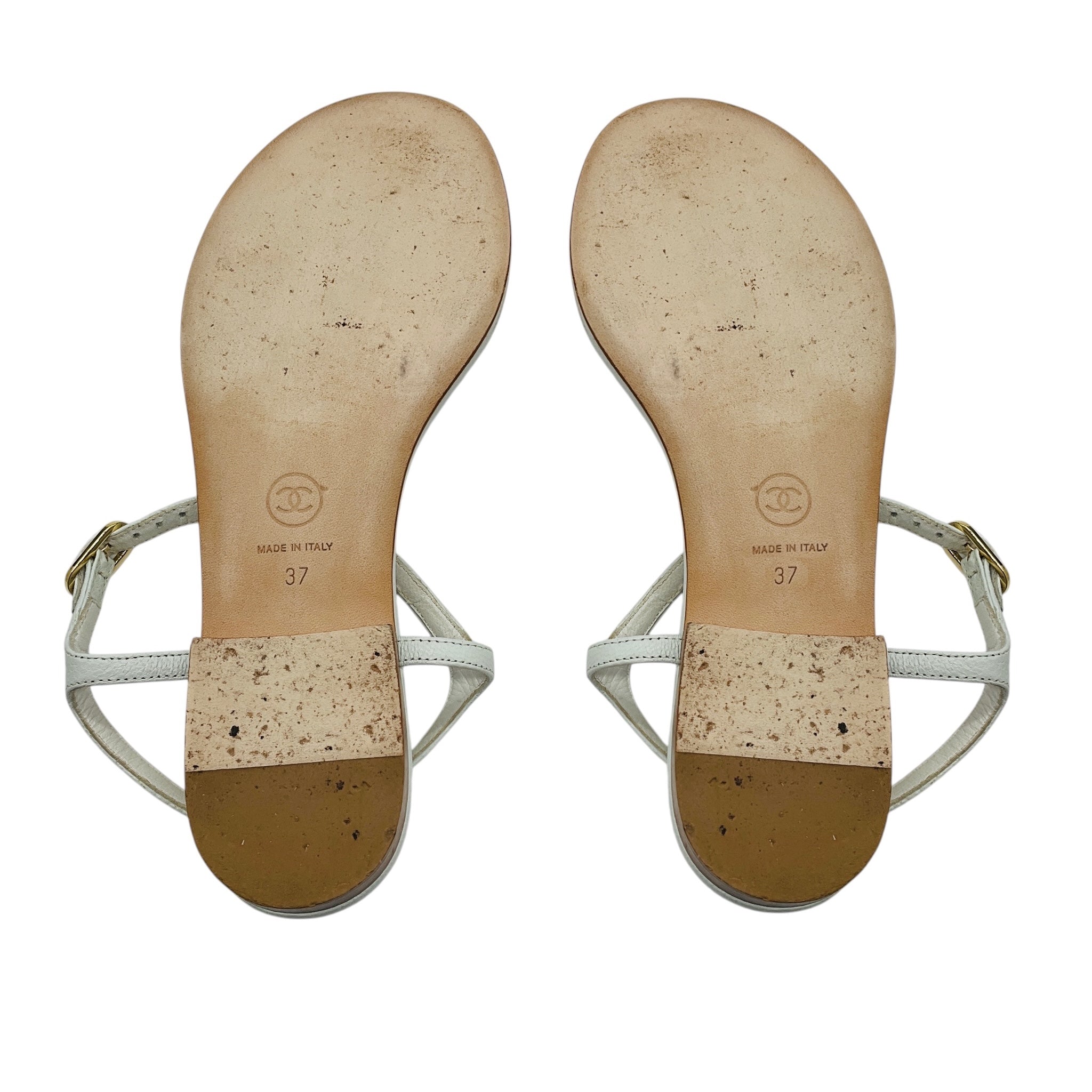 Chanel White Pearl Embellished Interlocking CC Logo Leather Ankle Strap Flat Thong Sandals