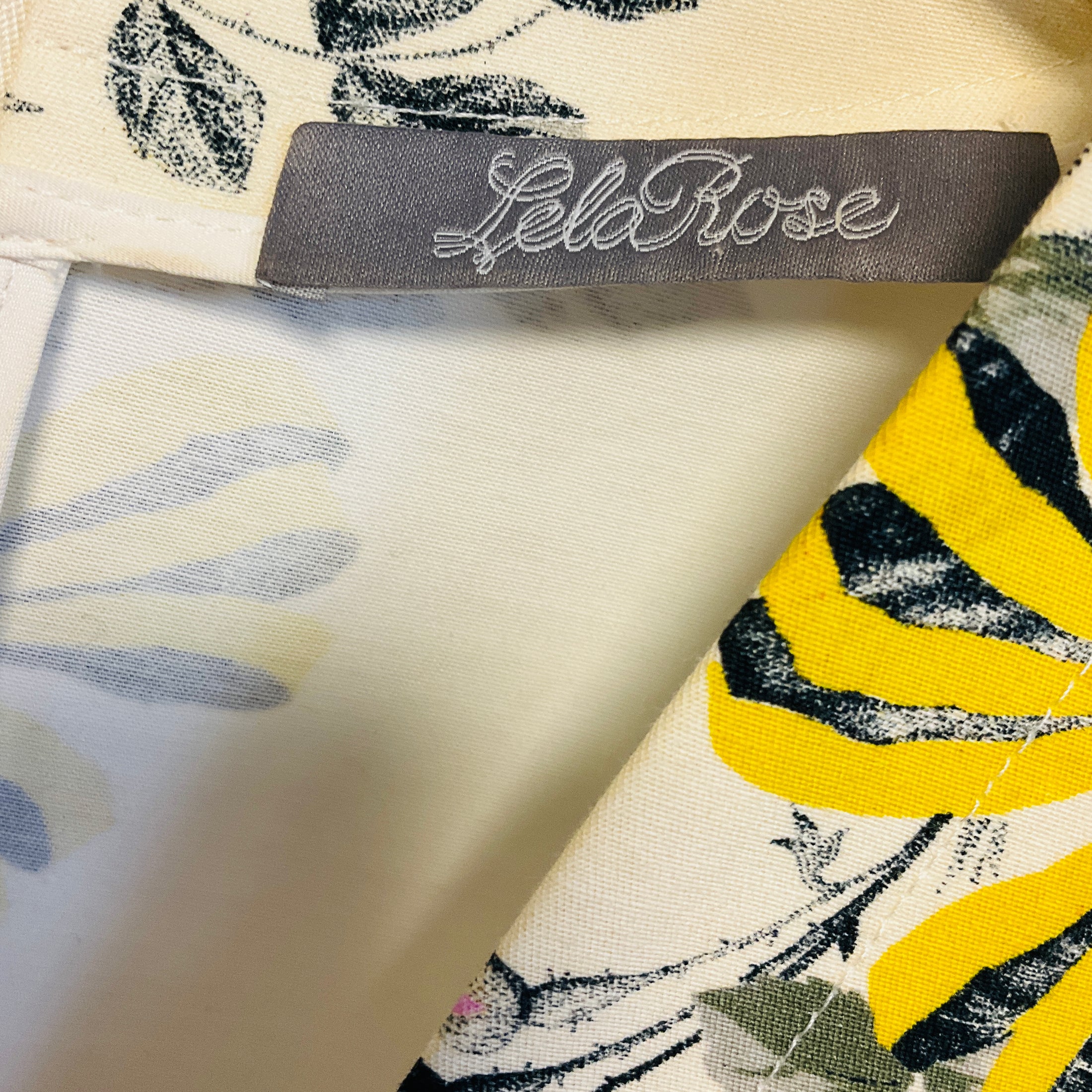 Lela Rose Cream / Yellow / Pink Multi Floral Printed Short Sleeved V-Neck Flared Cotton Dress